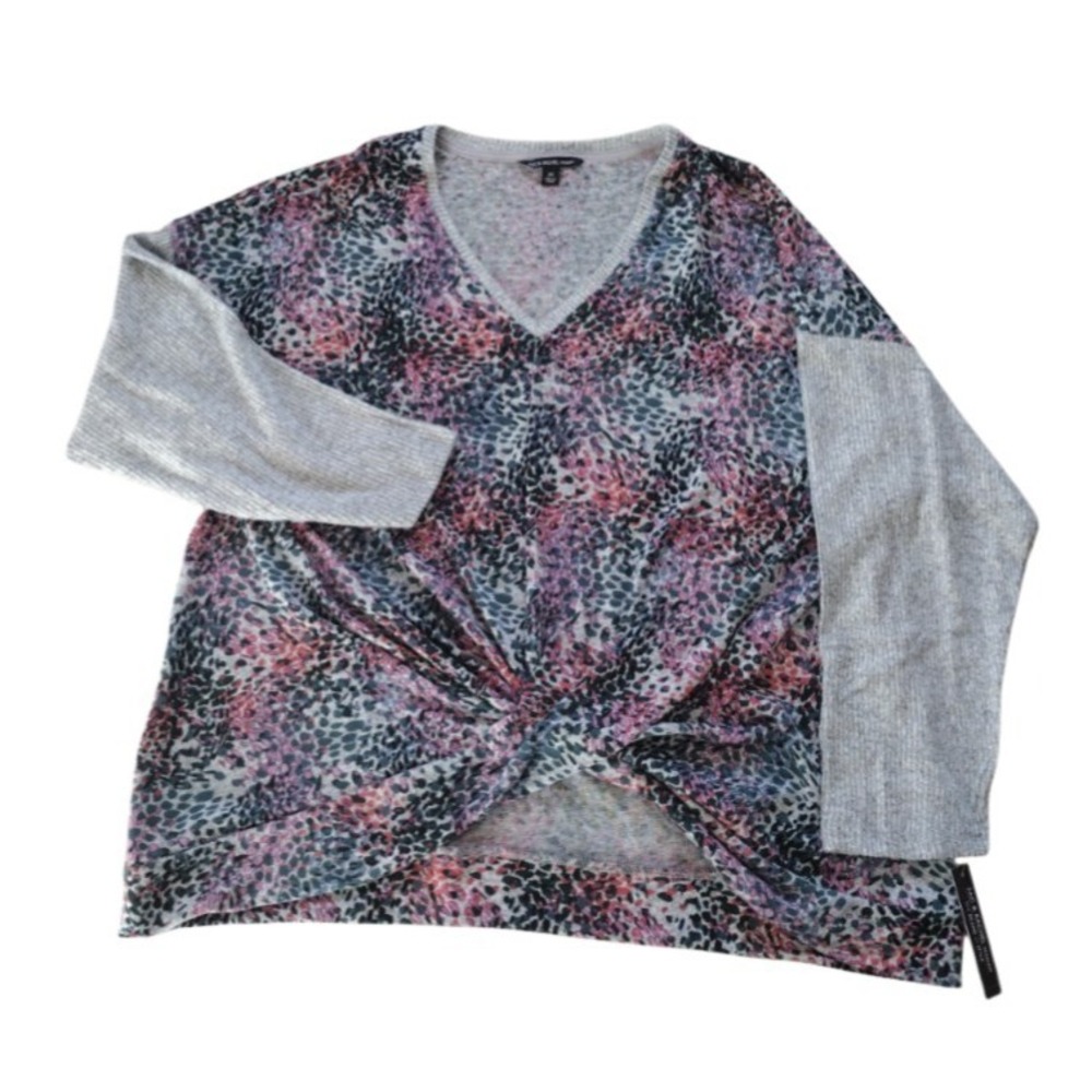Zac & Rachel Knit Top Woman 2X Gray Heather Multicolor Colorblock Long Sleeves